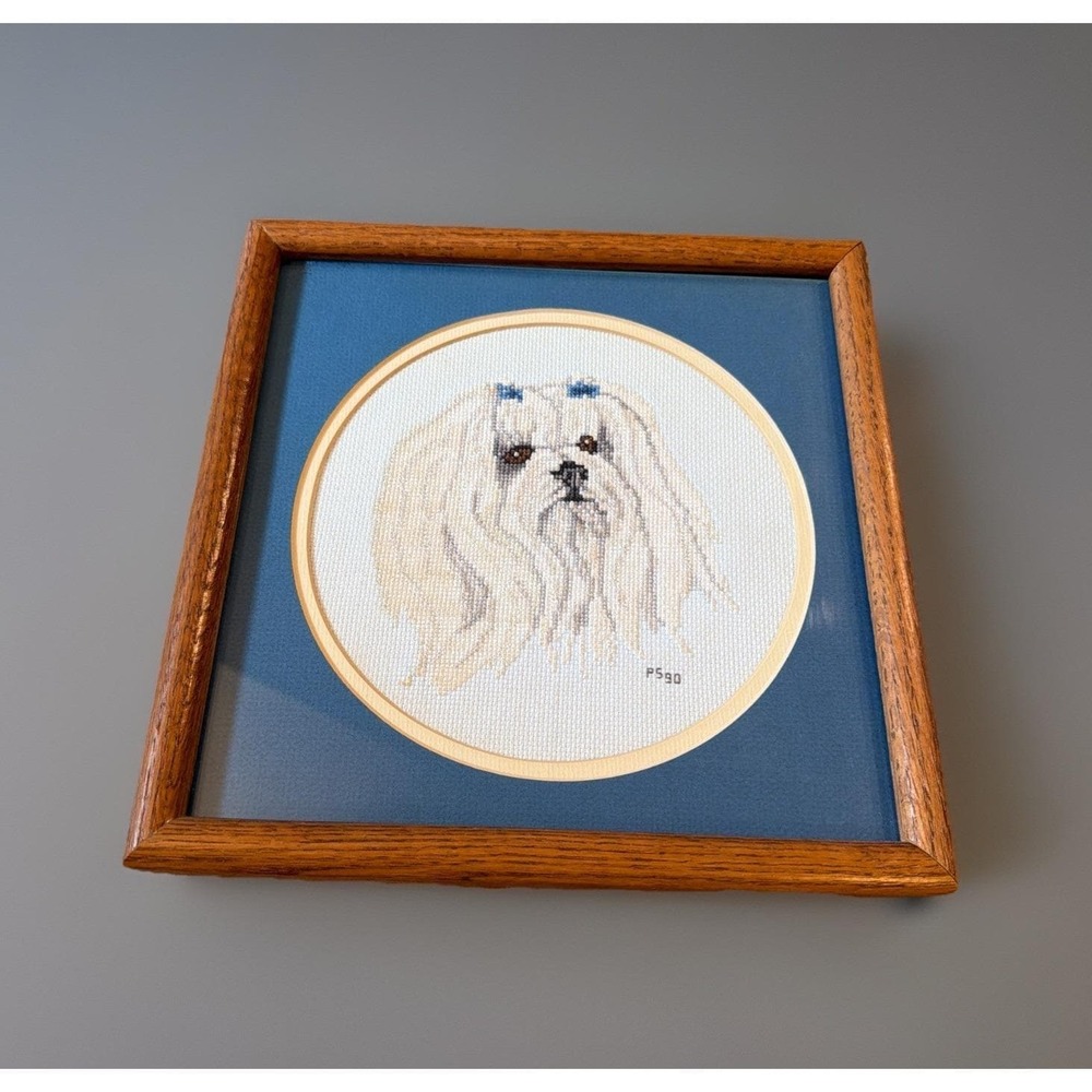 Vtg Framed Maltese Dog Needlepoint Cross Stitch Wall Art Handmade Pet Portrait - Picture 3 of 5